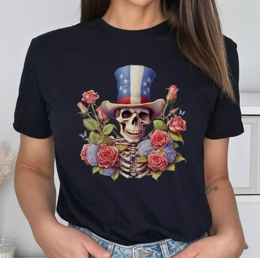 4th of July Skeleton Flower T Shirt Independence Day USA Graphic Tee S-3XL Hoodie, Sweatshirt | WearSparks.com