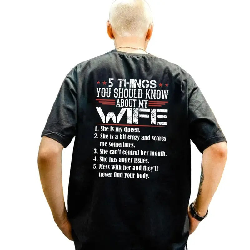 5 Things You Should Know About My Wife T Shirt Print On Back, Husband Shirt, Gift From Wife, Unisex Short Sleeve Tee,...