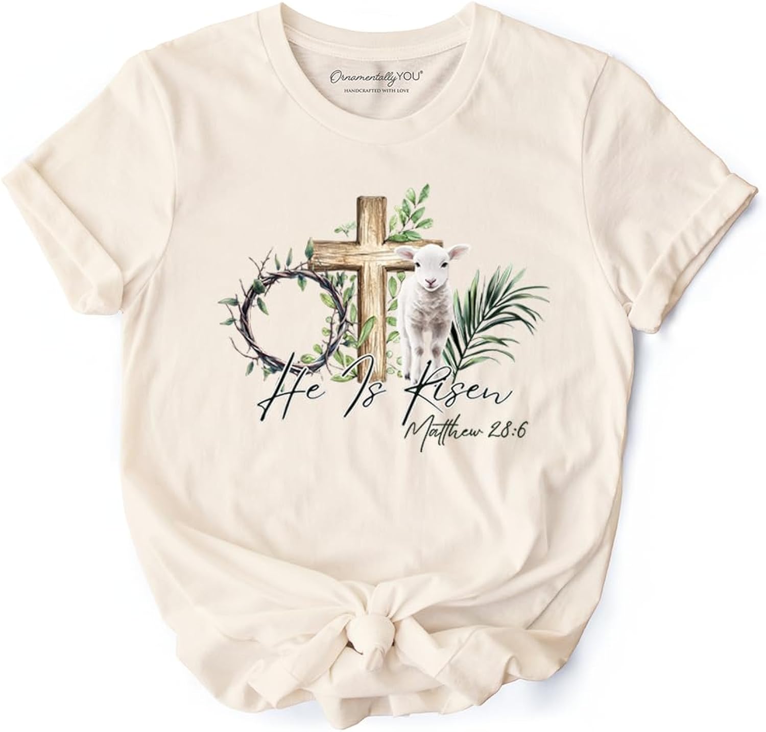 He is Risen Lamb Cross Christian Easter T-Shirt, Bible Verse Matthew 28:6 Tee