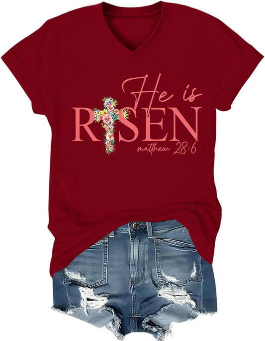 He is Risen Shirt V Neck He Has Risen T-Shirt Easter Cross Christian Shirts for Women