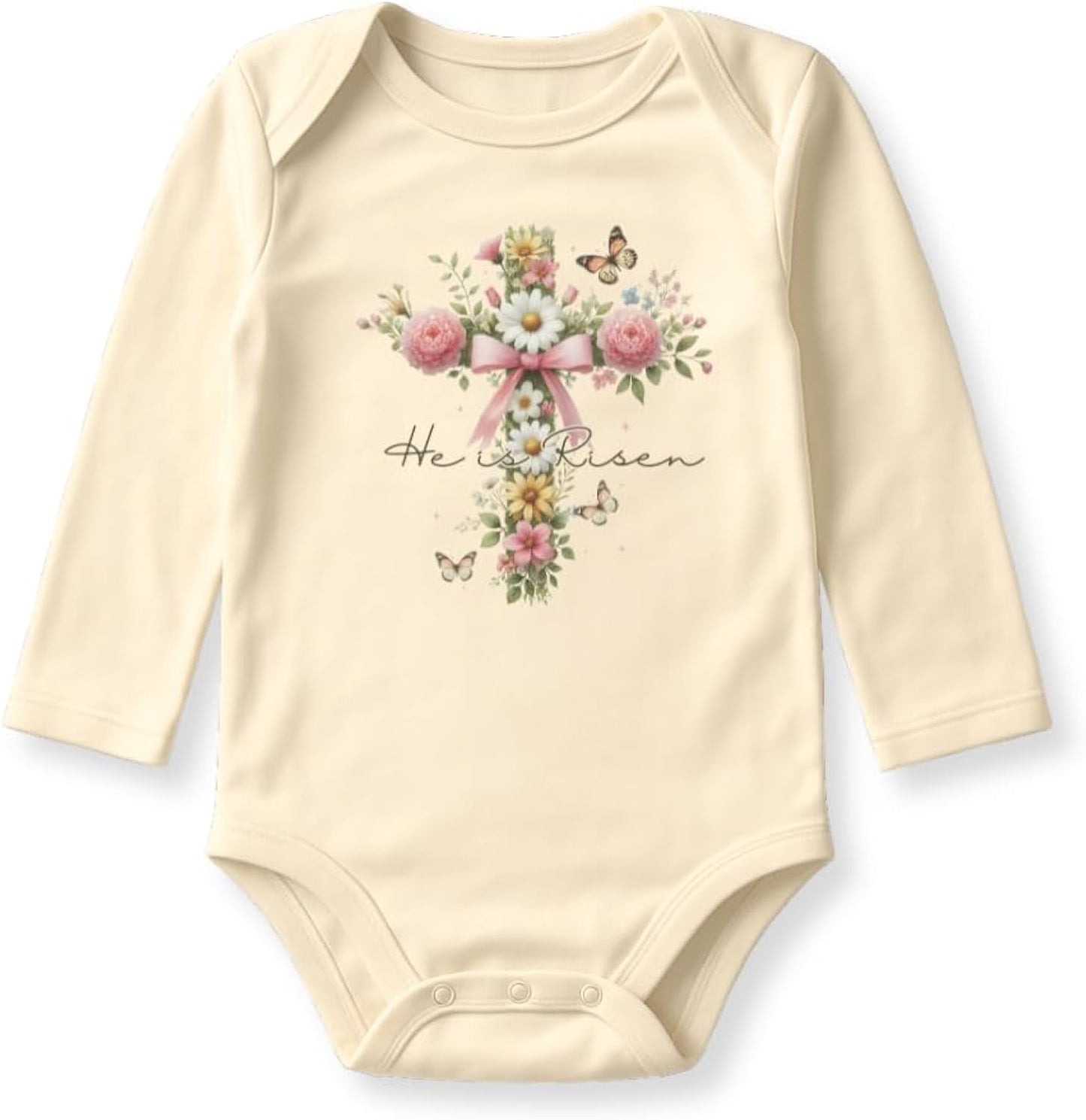 He is Risen Floral Cross Easter Outfit Christian Kids Tshirt Resurrection Sunday Gift Baby's First Easter