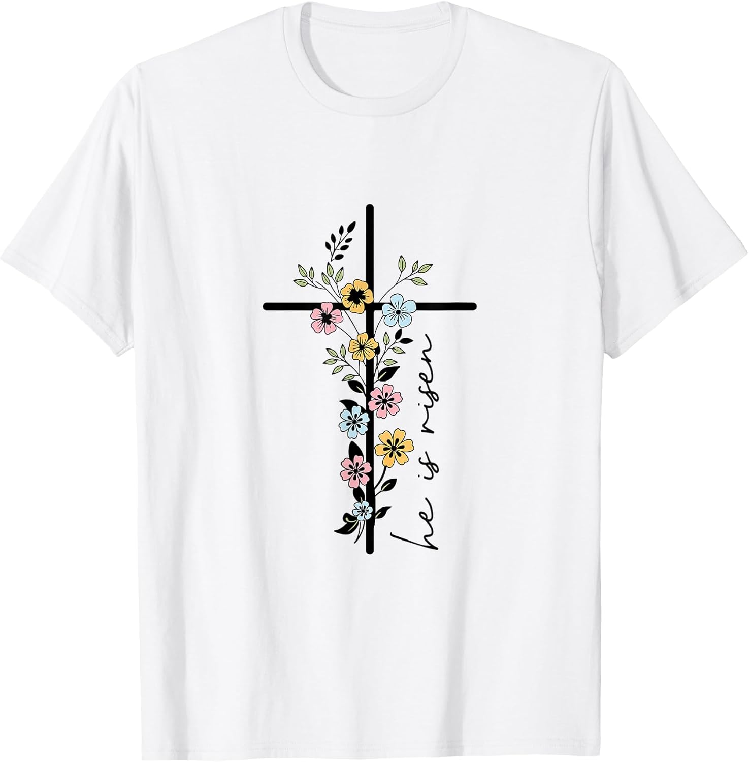 He Is Risen Floral Cross Women Easter Christian T-Shirt