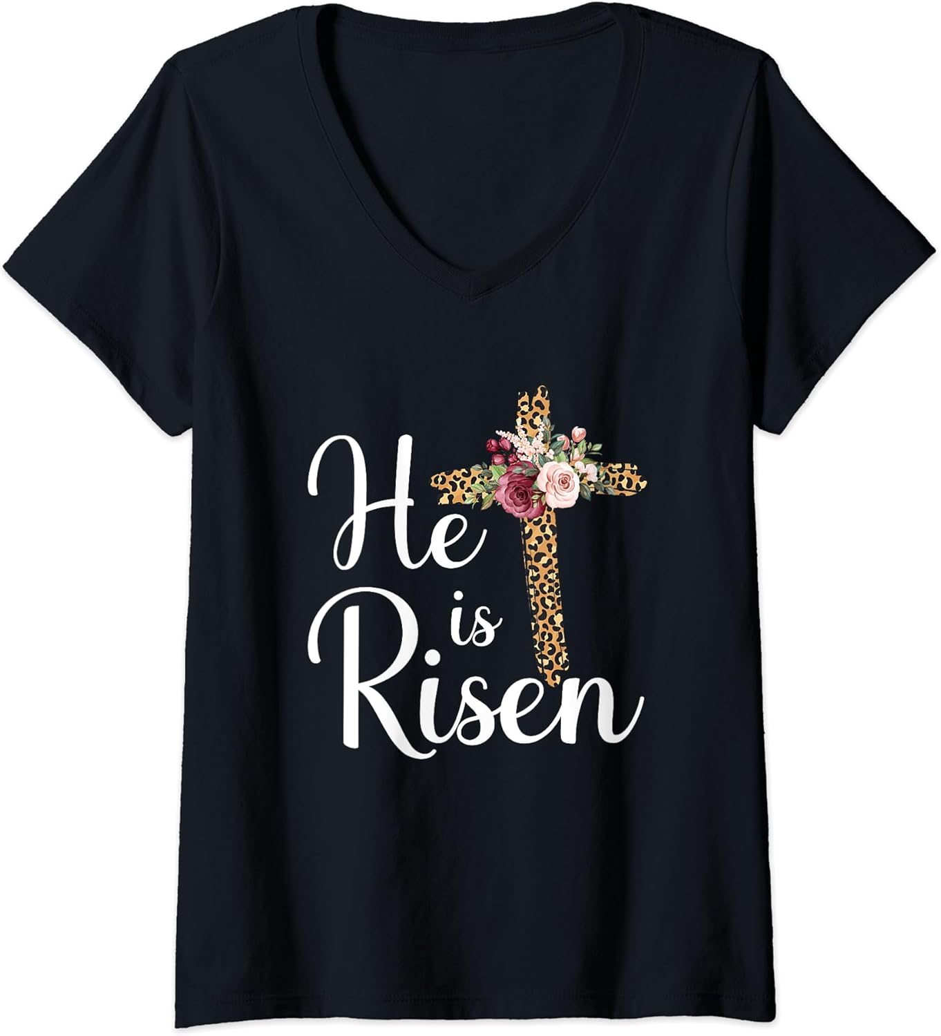 Womens He Is Risen Jesus Christ Cross Easter Sunday V-Neck T-Shirt