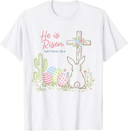 Christian Easter Religious Cross Bunny He is Risen Faith T-Shirt
