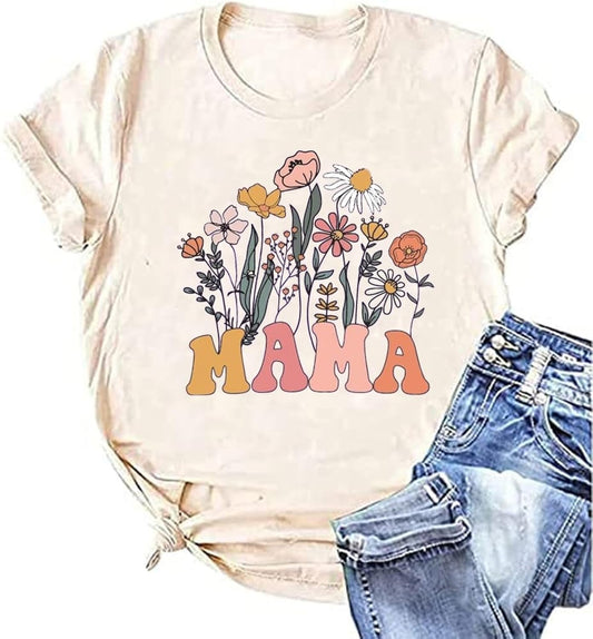 Mama Floral Shirt for Women Mom Vintage Boho Wild Flowers Graphic Cottagecore Gardening Tops Mother's Day Tee