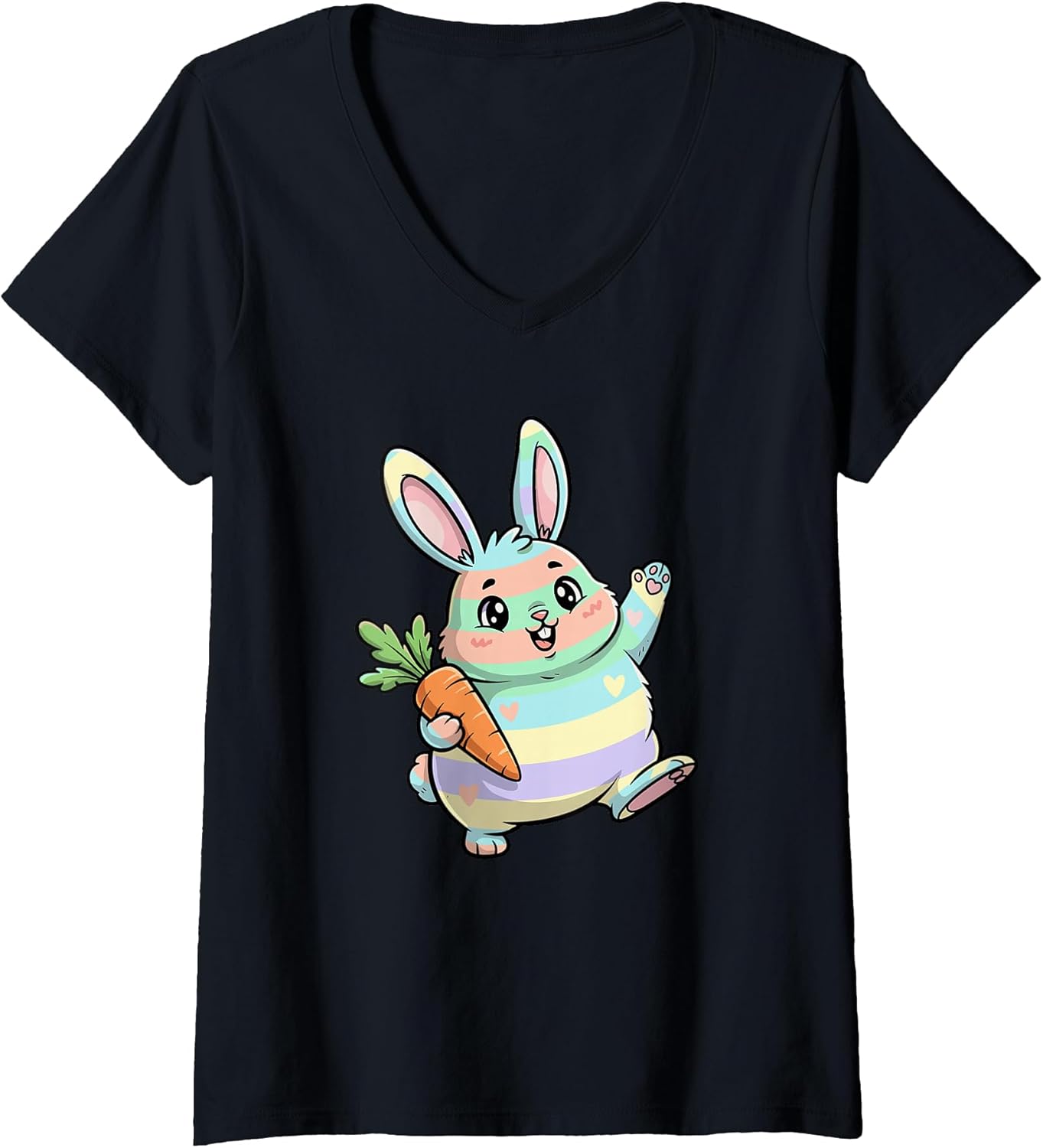 Women's Cute Chubby Pastel Easter Bunny with Carrot V-Neck T-Shirt