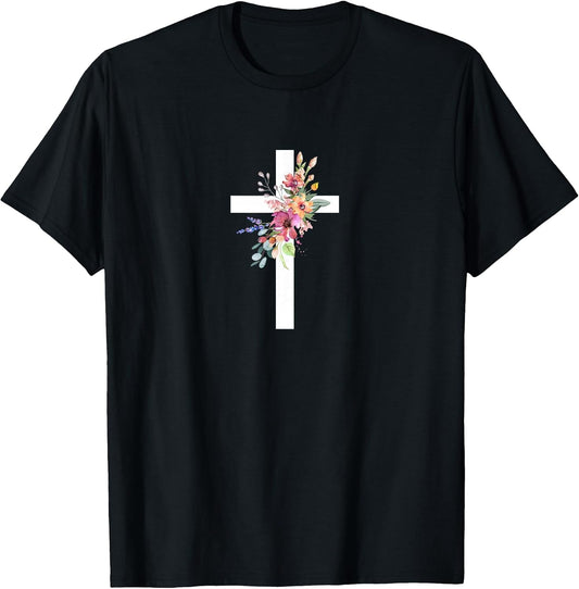 Cross with Beautiful Flowers Christian Design for Easter T-Shirt