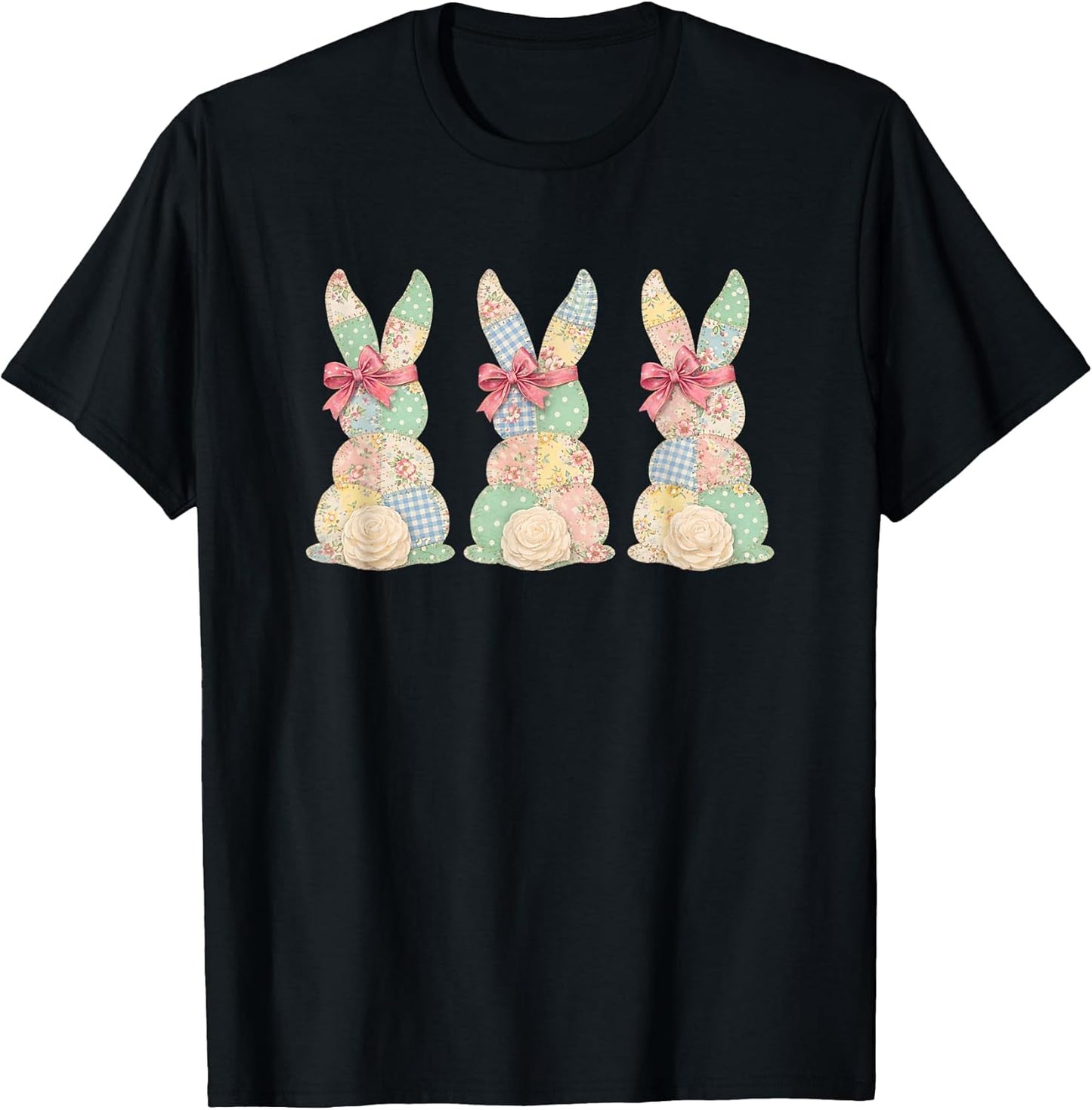 Floral Easter Bunny Trio Pastel Bows Spring Patchwork T-Shirt
