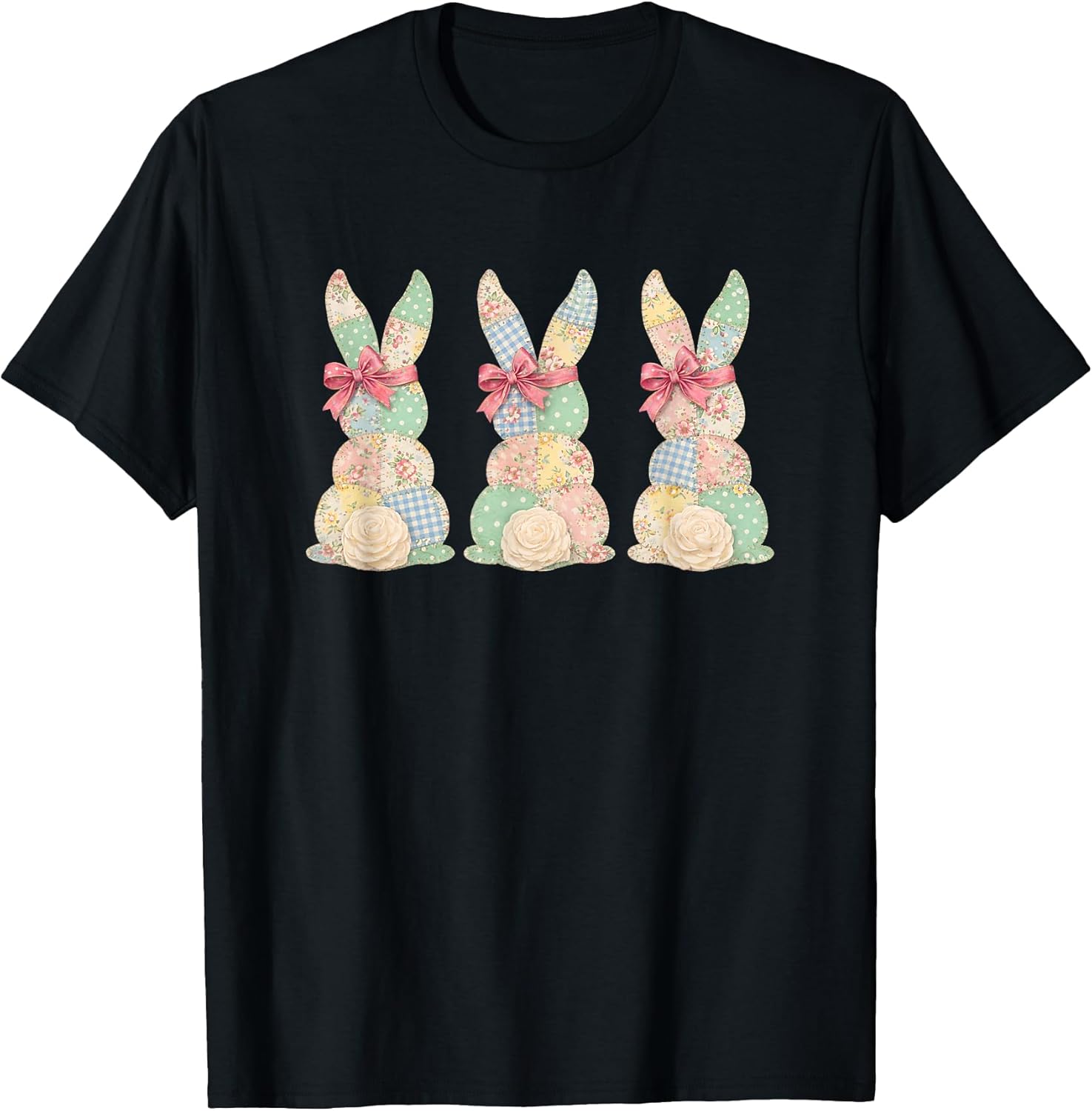 Floral Easter Bunny Trio Pastel Bows Spring Patchwork T-Shirt