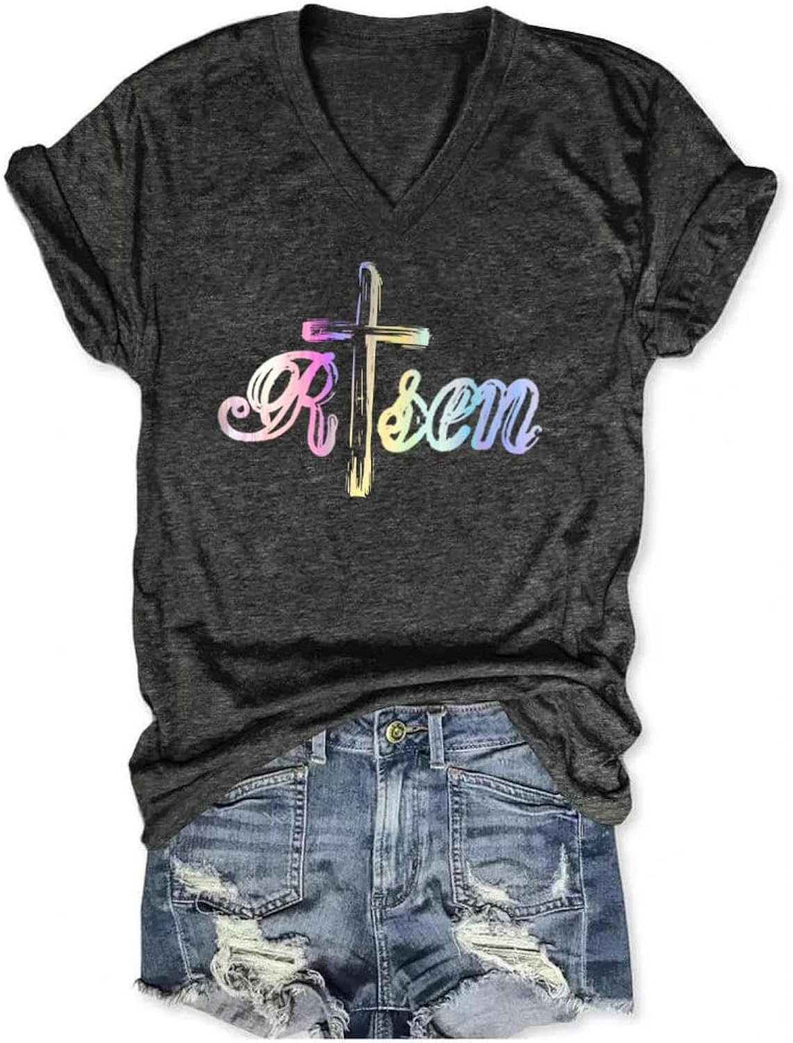 He is Risen Shirts for Women Christian Easter Cross Graphic Tshirt Jesus Bible Verse Letter Print Top