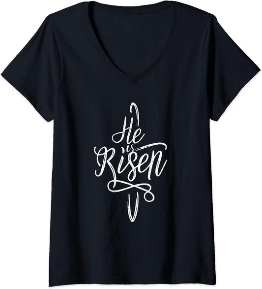 Womens He Is Risen Cross Jesus Easter Day Religious Christians V-Neck T-Shirt