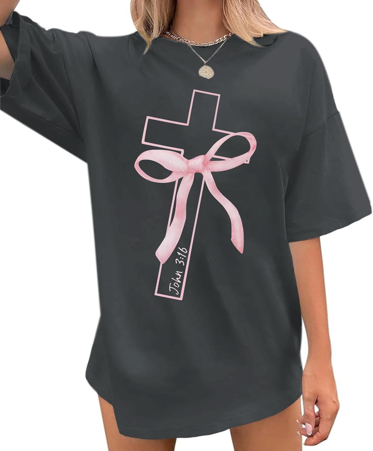 Christian Faith Cross T Shirts for Women God Oversized Bow Graphic Tshirts Cute Tees Coquette Top for Teen Girls