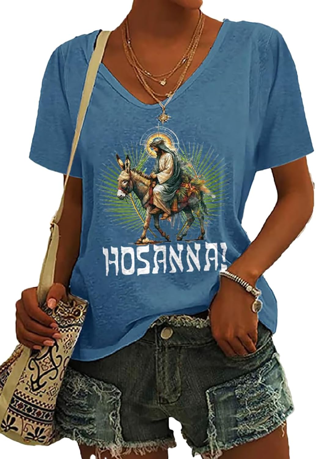 Women's Palm Sunday Tshirt Easter Jesus Riding a Donkey V Neck Christian Tee