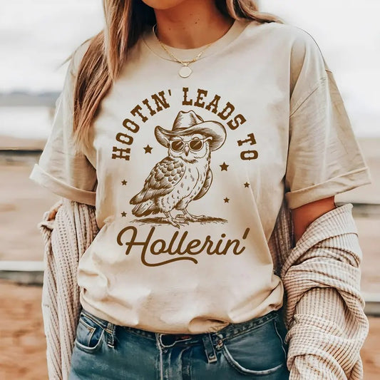 #704 - Hootin Leads to Hollerin Owl Trendy western Vintage Shirt Design, Cute rodeo t-shirt Tribal Southwestern Cowboy...