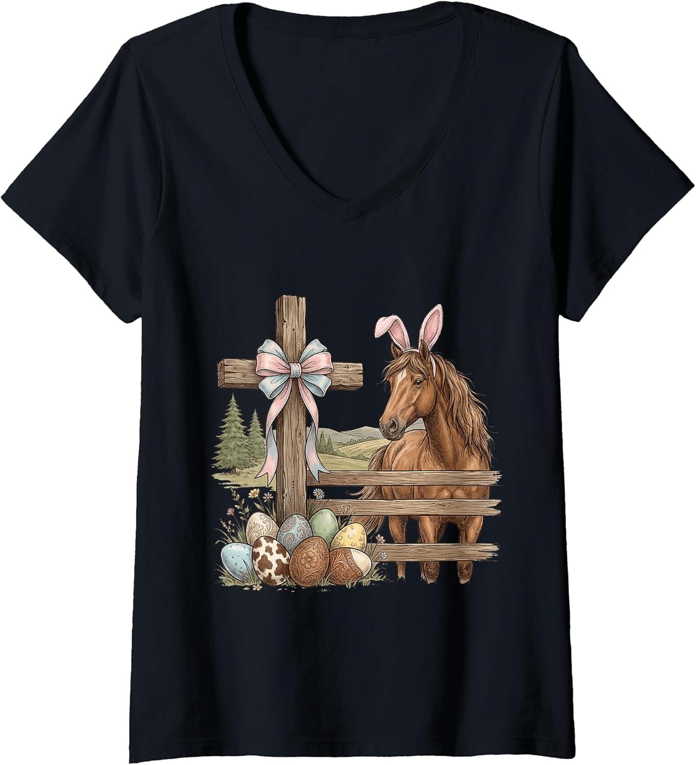 Women's Farm Christian Easter Horse Cross and Country Faith Easter V-Neck T-Shirt