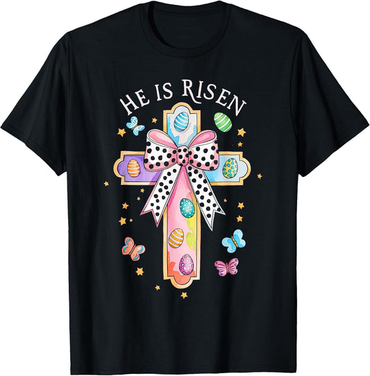 He Is Risen Easter Cross Coquette Bow Jesus Christian Easter T-Shirt