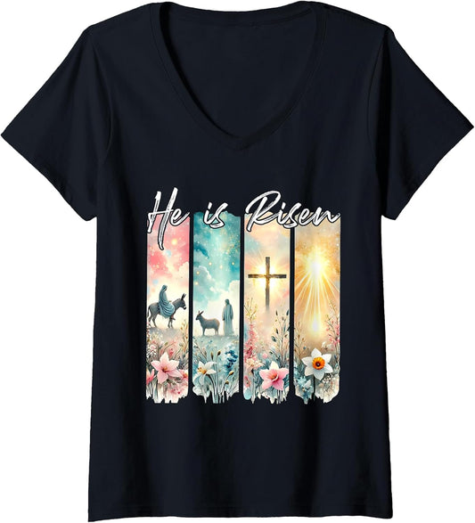 Womens He Is Risen Flowers Easter Aesthetic Jesus Cross Christian V-Neck T-Shirt
