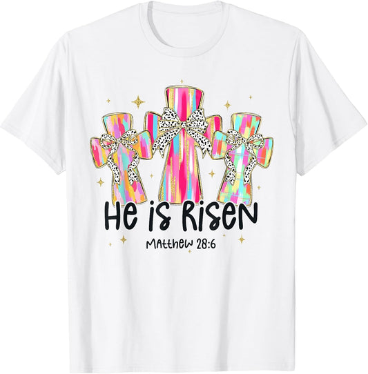 He Is Risen Jesus Christian Coquette Bow Cross Happy Easter T-Shirt