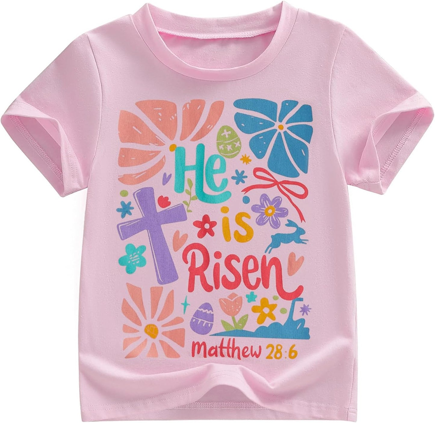 Kids Toddler Little Girls Easter Shirt He is Risen Bible Verse Christian Short Sleeve T-Shirt Bunny Religious T-Shirt
