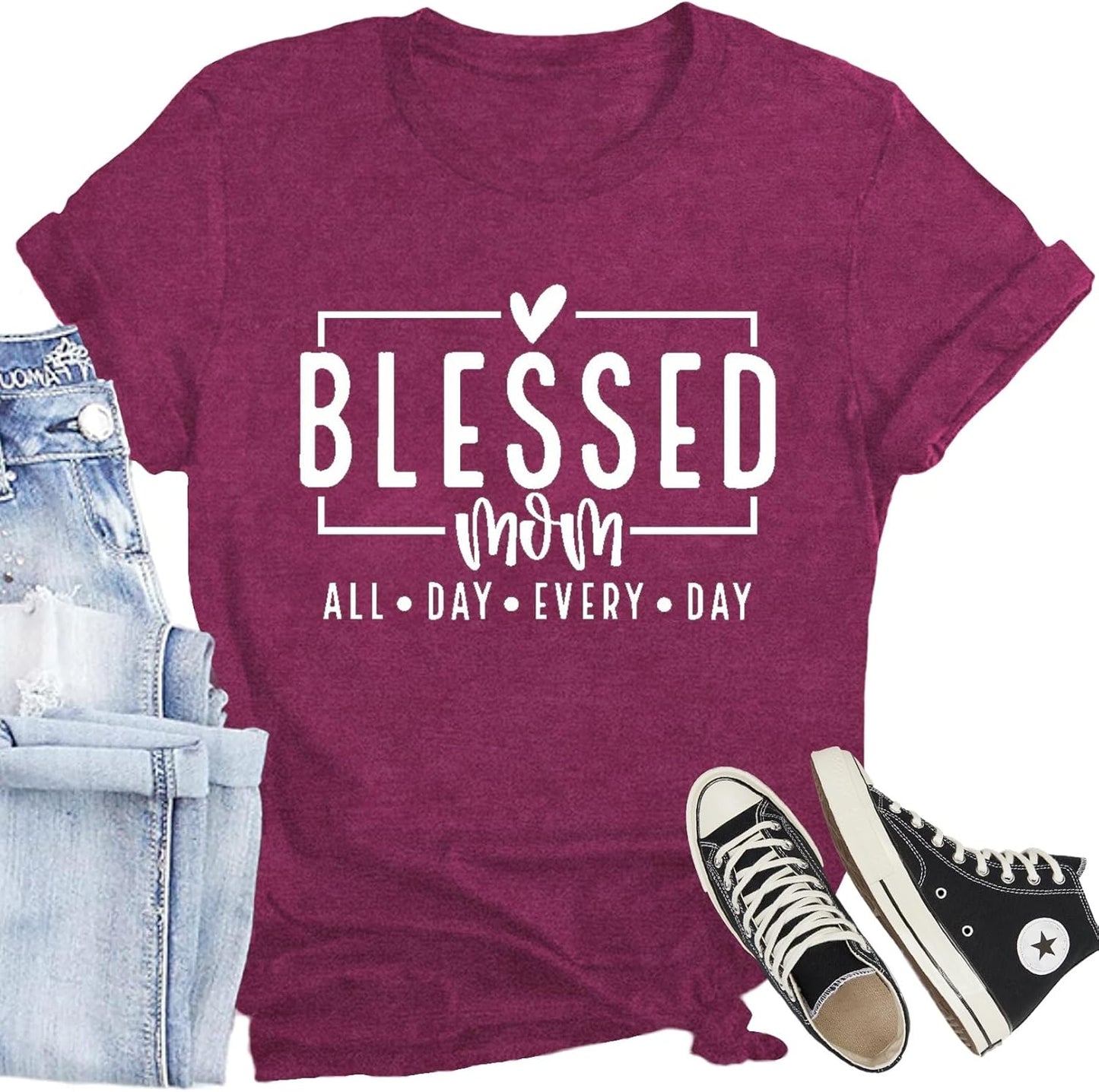 Women Mom Shirt Blessed Mom All Day Every Day Letter Print T-Shirt Best Mama Tee Tops