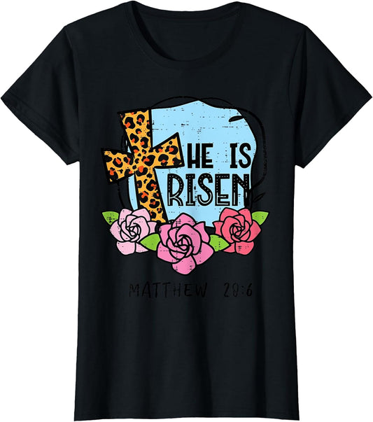 Leopard Cross He Is Risen Easter Jesus Religious Women T-Shirt