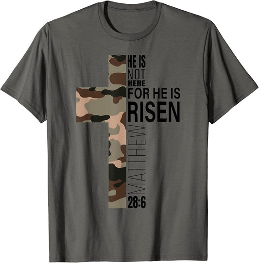 He Is Risen Christian Easter Bible Verse Camo Cross Men Boys T-Shirt