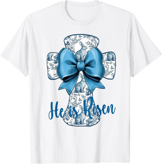 Easter Design He Is Risen Blue Toile Cross Christian Faith T-Shirt