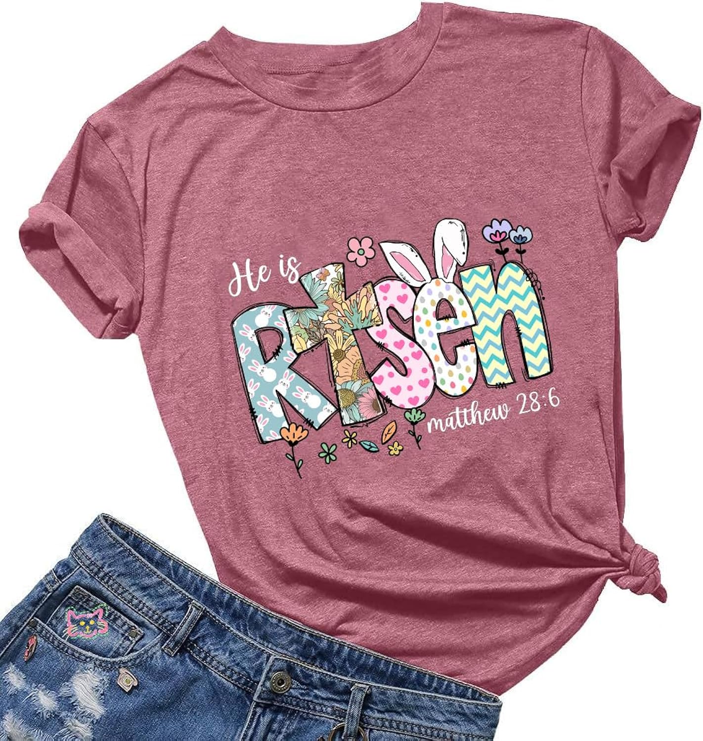 He is Risen T-Shirt for Women Easter Bunny Cross Christian Bible Verse Religious Faith Casual Graphic Top