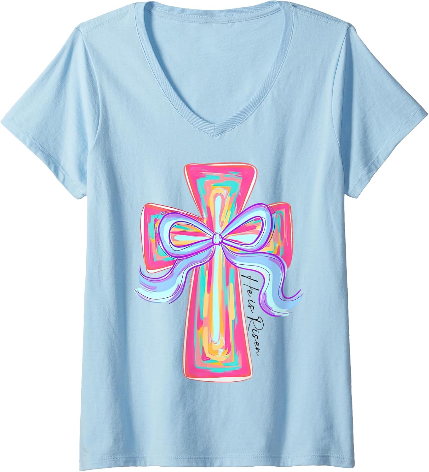 Women's Cross Easter Pink Brushstroke he is Risen Coquette Girls V-Neck T-Shirt