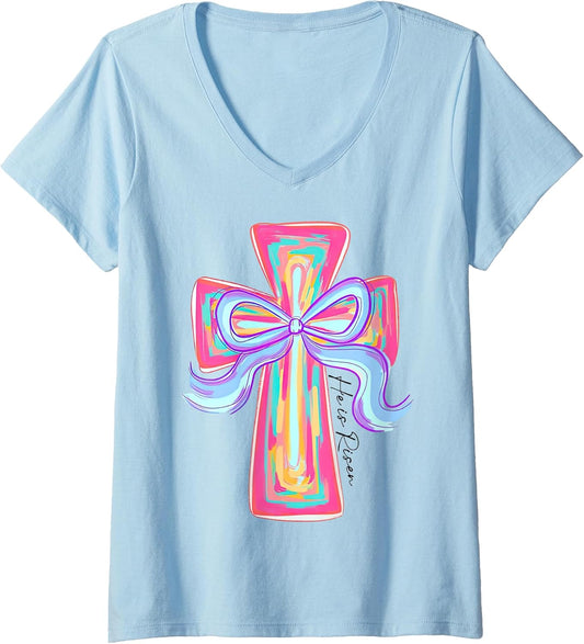 Women's Cross Easter Pink Brushstroke he is Risen Coquette Girls V-Neck T-Shirt