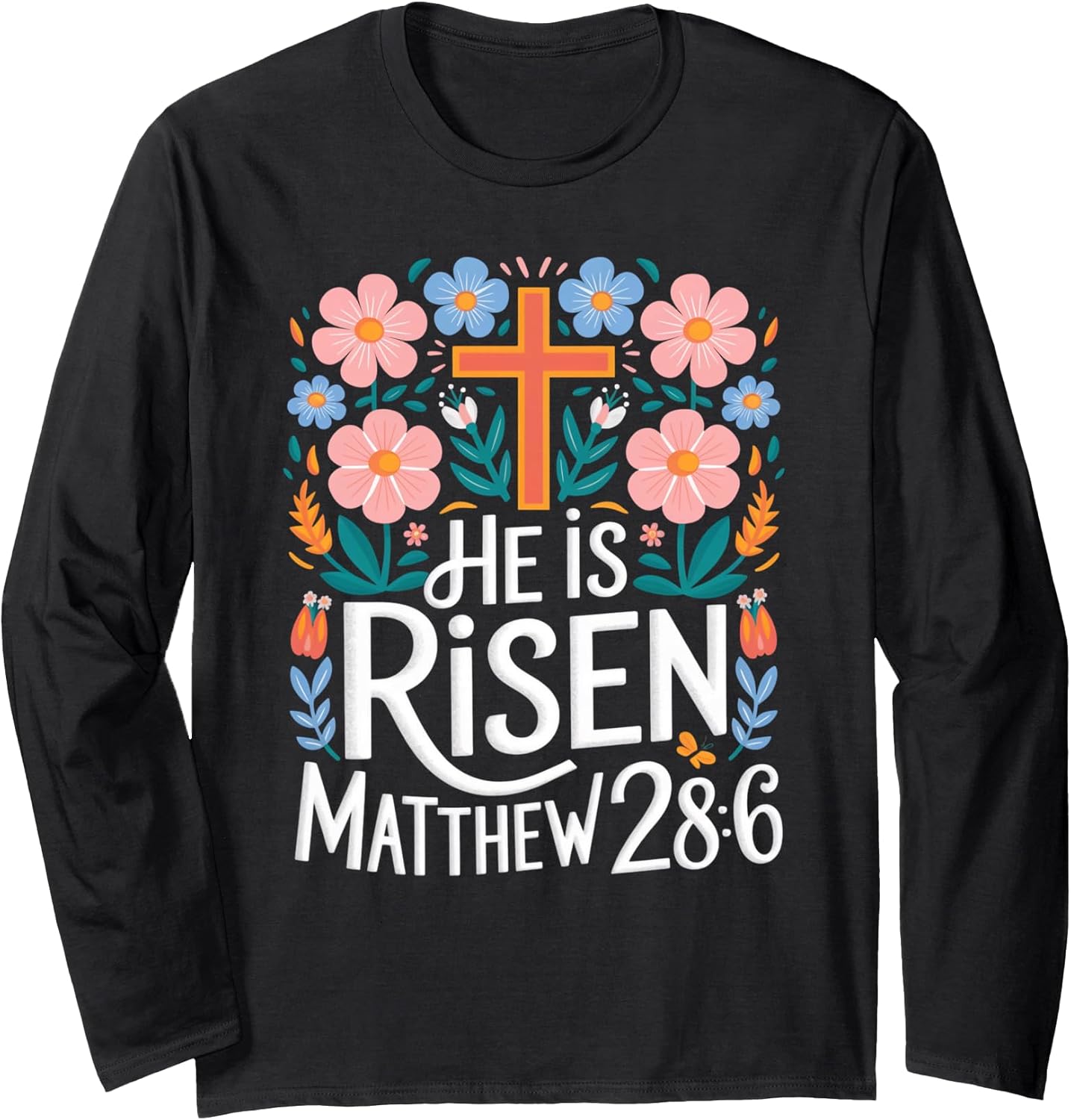 He Is Risen Jesus Floral Cross Retro Groovy Easter Long Sleeve T-Shirt
