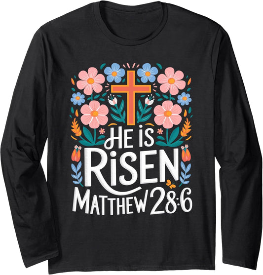 He Is Risen Jesus Floral Cross Retro Groovy Easter Long Sleeve T-Shirt