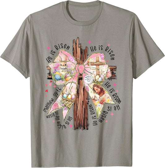 He Is Risen Lace Cross Coquette Bow Jesus Easter Christian T-Shirt