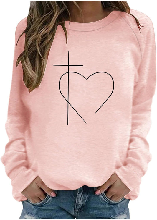 Easter Tops for Women Heart Jesus Cross Printed Tee Comfy Outdoor Crew Neck Loose Long Sleeve Easter Graphic Shirts