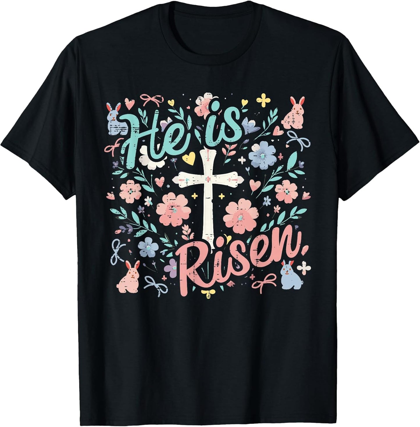 Easter He is Risen Cross Flowers Religious Women Girls Kids T-Shirt