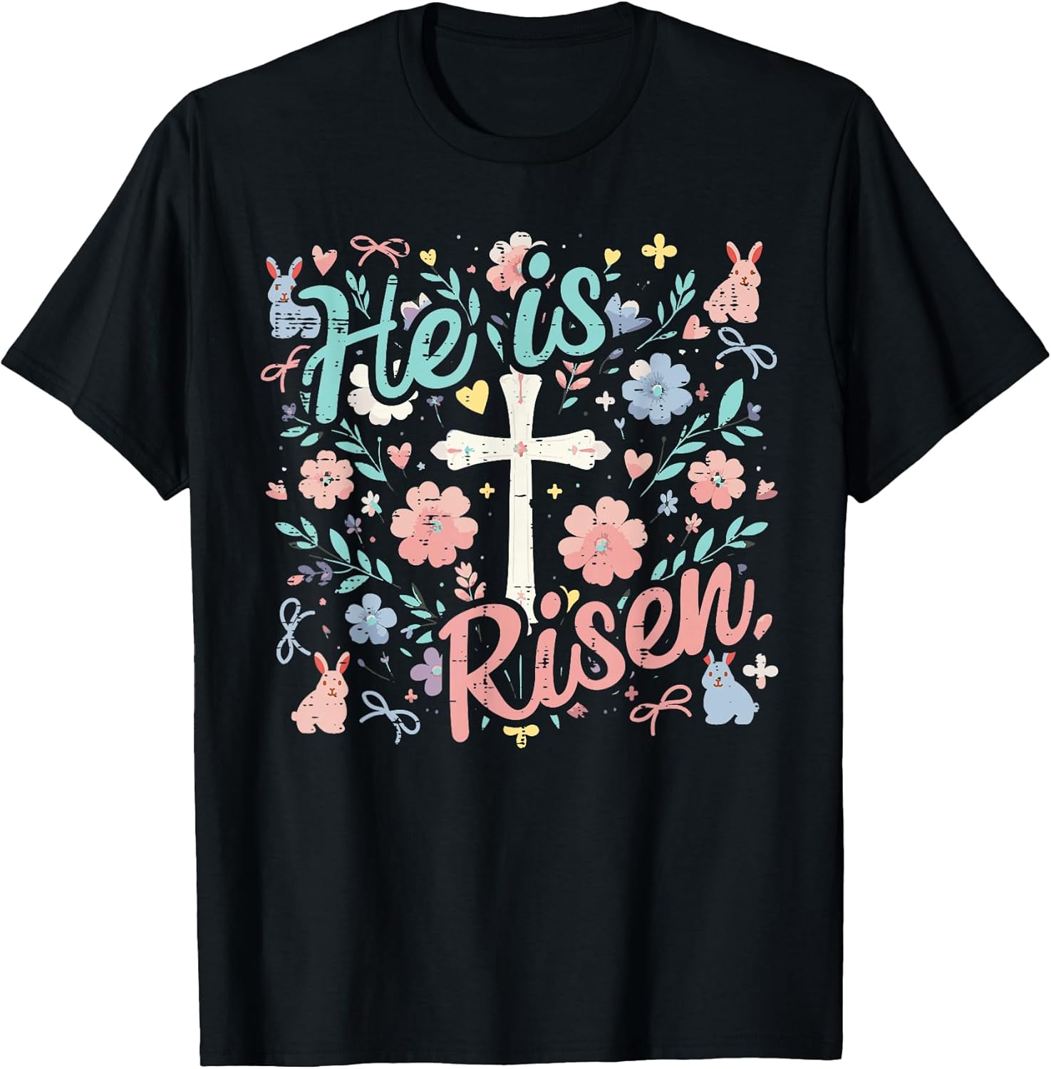 Easter He is Risen Cross Flowers Religious Women Girls Kids T-Shirt