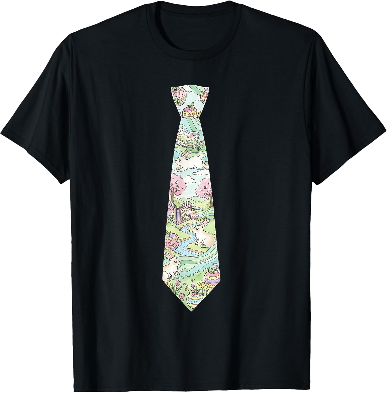Easter Bunny Tie Teacher Pastel Eggs Spring Cherry Blossom T-Shirt