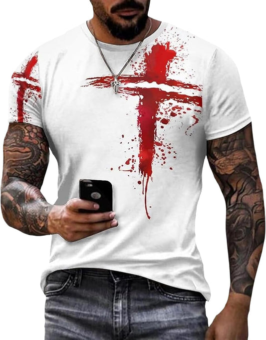Men's Vintage Oil Painting Faith Jesus Cross Print Casual T-Shirts Christ Crewneck Short Sleeve Shirts for Men