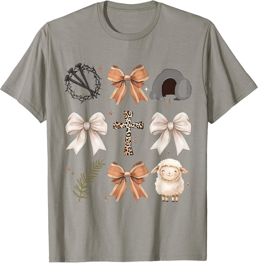 Christian Easter He Is Risen Cross Faith Coquette Bow Women T-Shirt