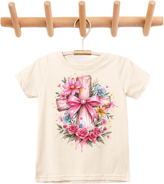 Toddler Girls Christian Cross T Shirt Floral Pink Bow Faith Based Easter Graphic Tee