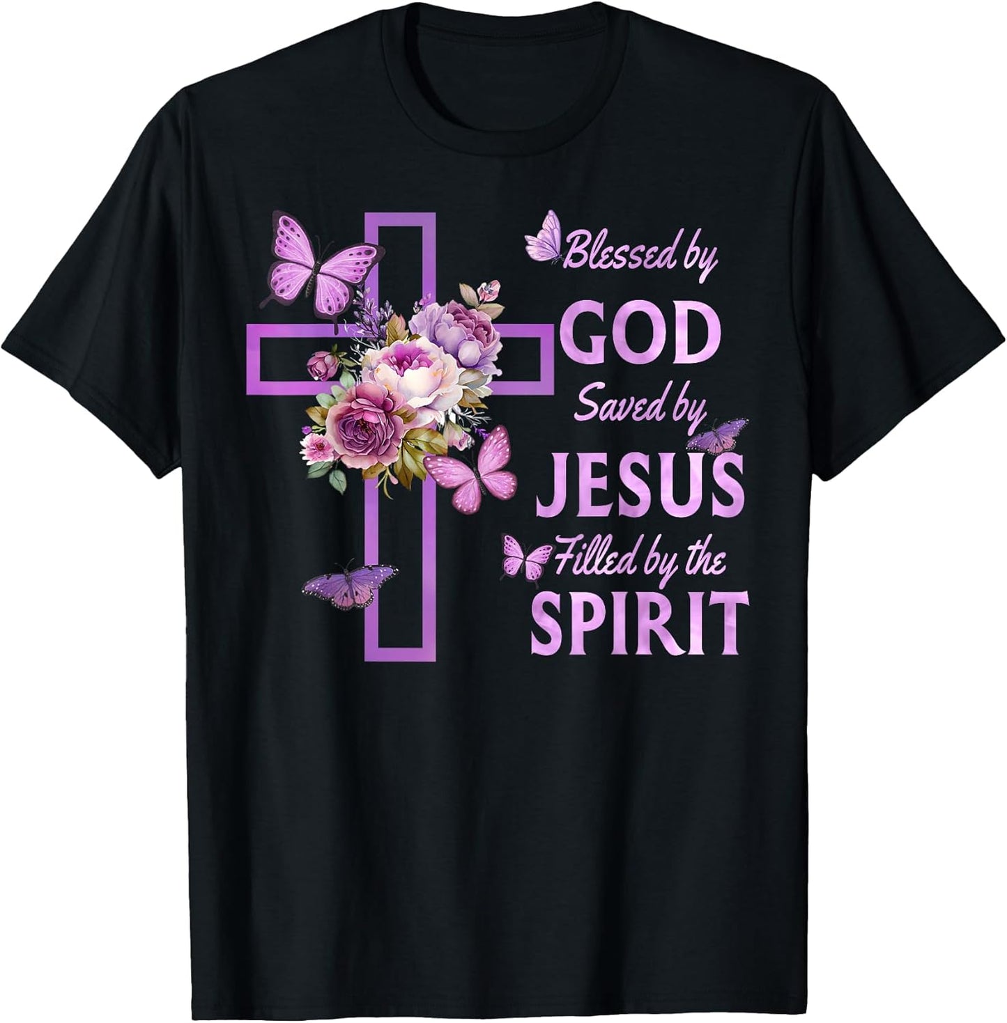 Blessed by God Saved by Jesus Purple Floral Cross Christian T-Shirt