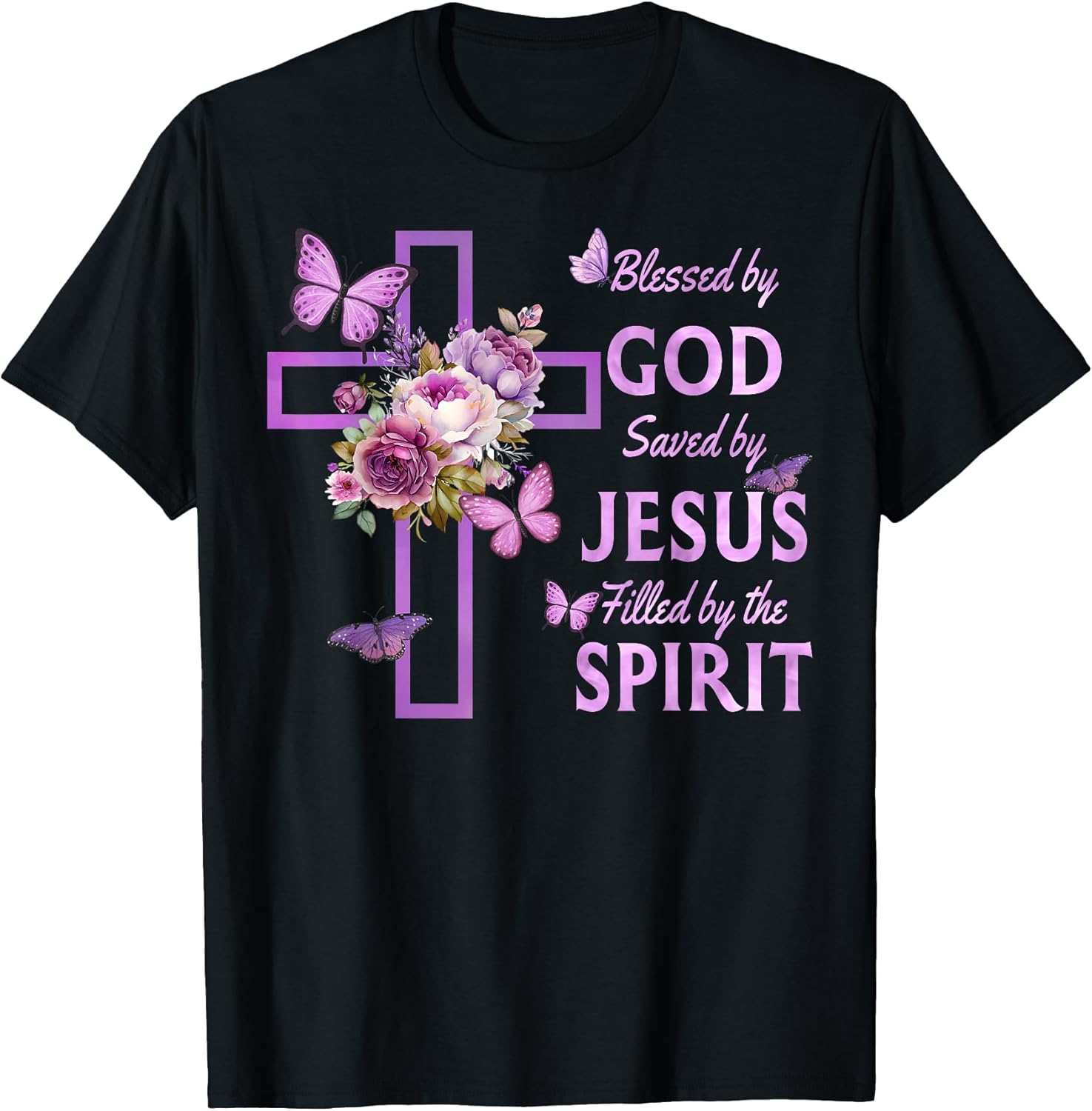 Blessed by God Saved by Jesus Purple Floral Cross Christian T-Shirt