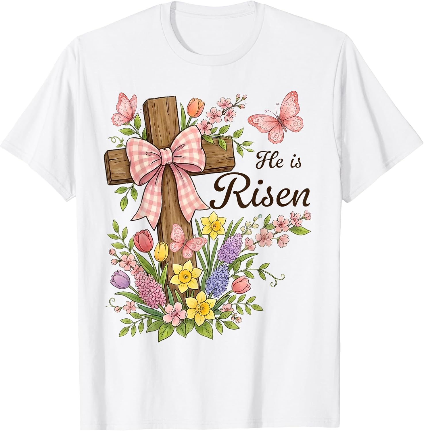 Christian- He is Risen Floral Cross Religious Easter T-Shirt