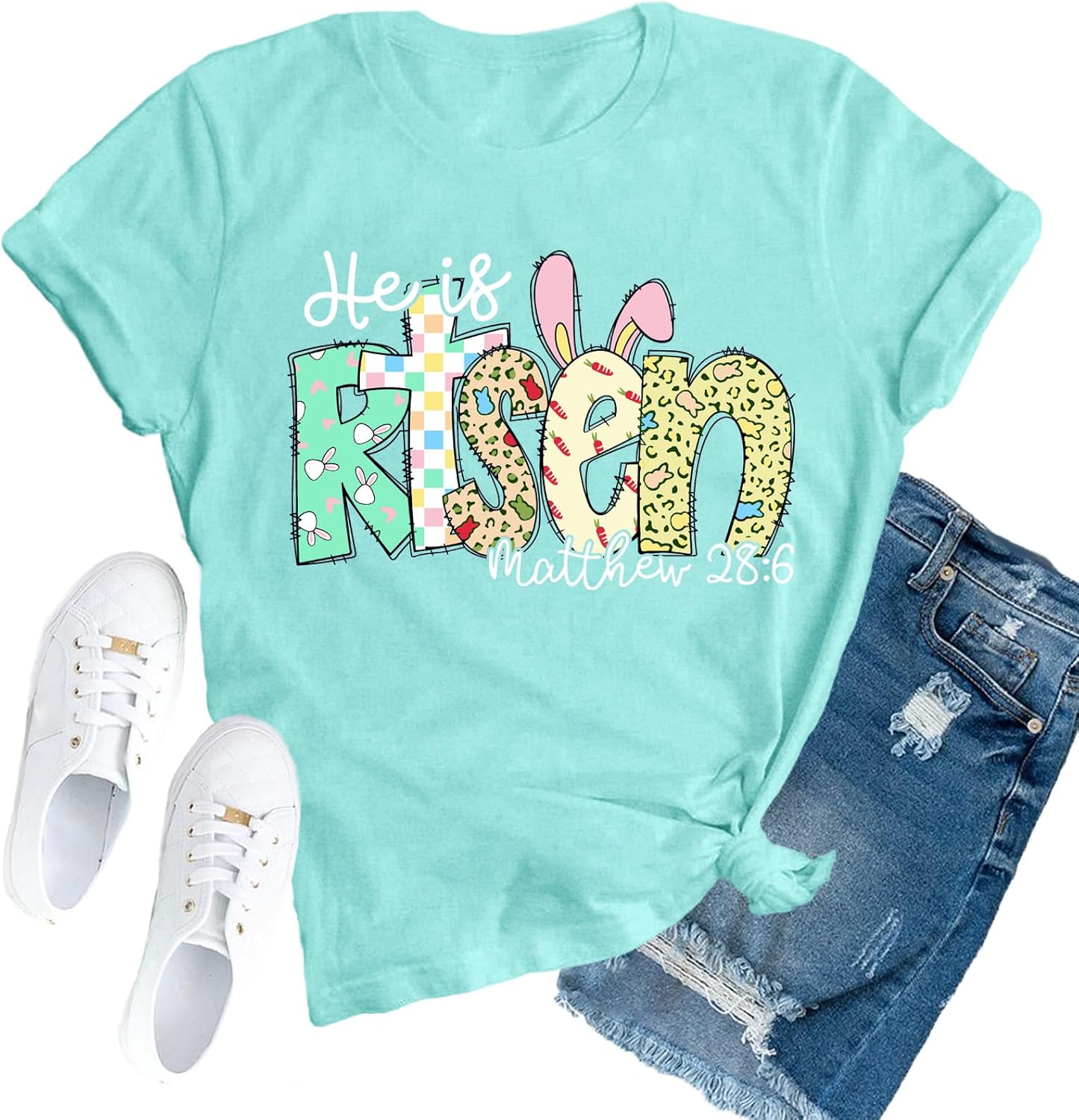 Easter Shirts for Women Christian Easter Bunny T-Shirt He is Risen Matthew 28:6 Tee Top
