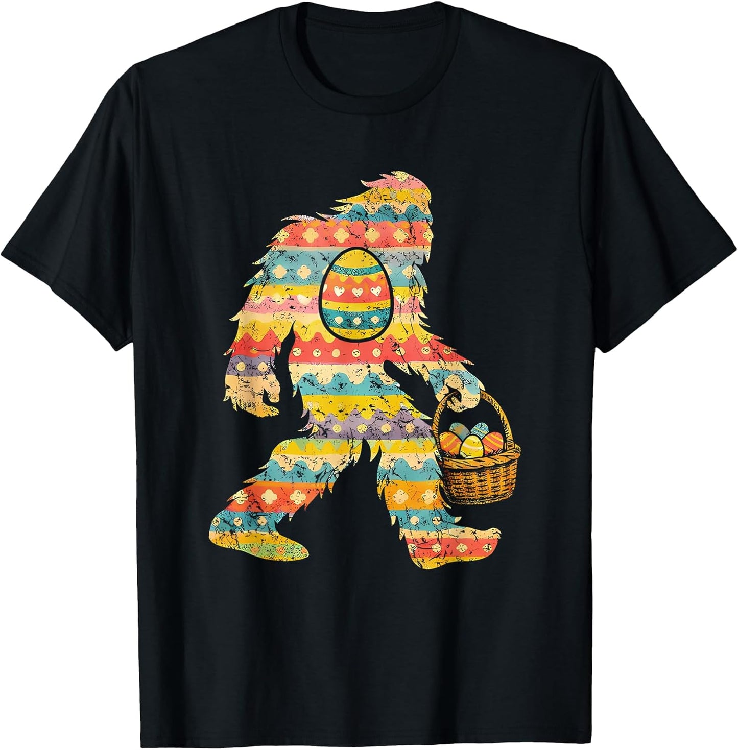 Retro Pastel Easter Bigfoot with Basket Easter Egg Sasquatch T-Shirt