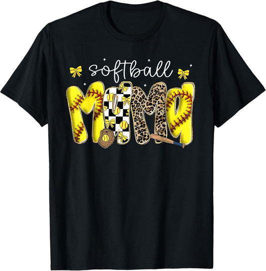 Softball Mama Leopard Coquette Bow Mom Mother Women T-Shirt