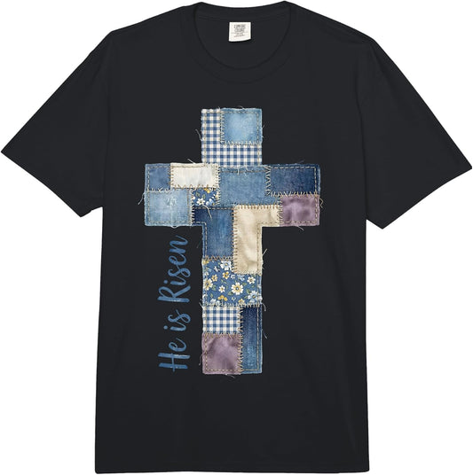 Happy Easter Day He is Risen Jesus Christian Cross Patchwork Comfort Colors Adult Heavyweight T-Shirt