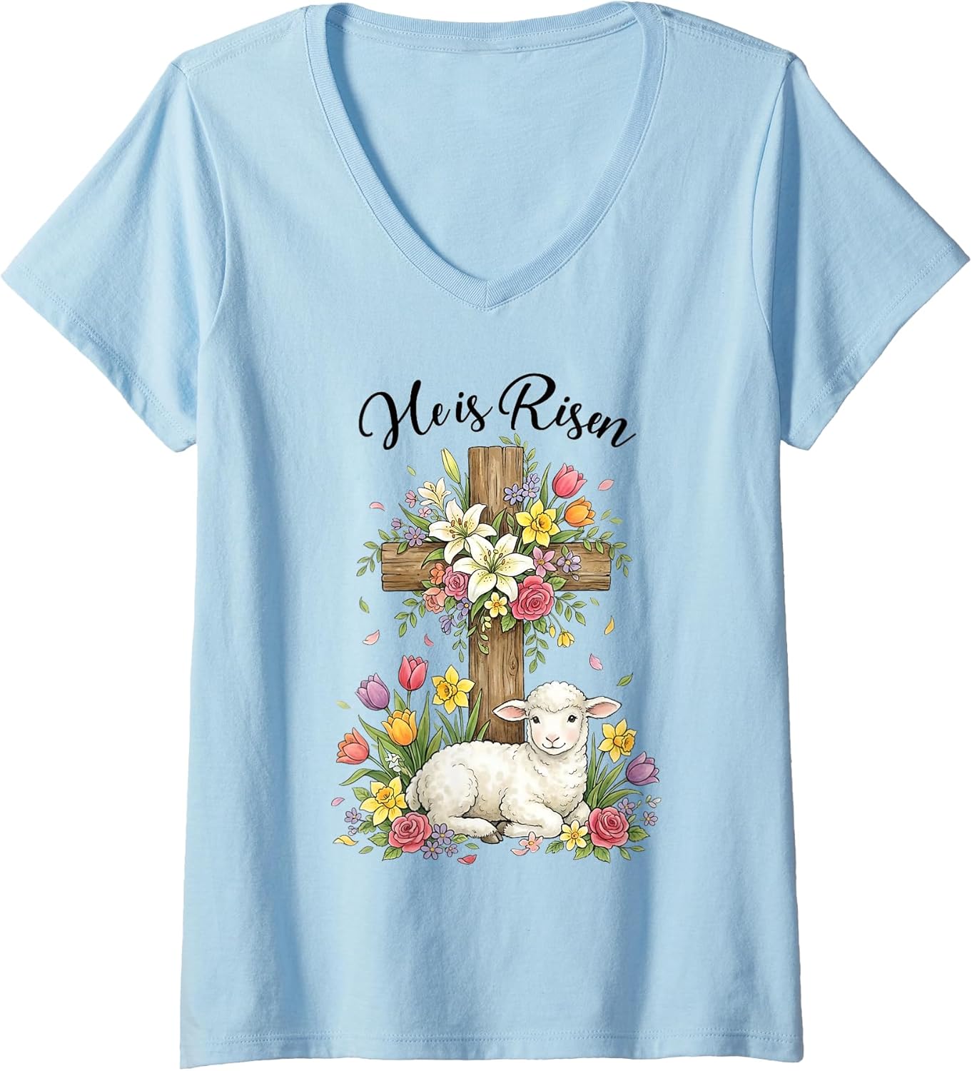 Women's Christian He is Risen Floral Cross and Lamb Religious Easter V-Neck T-Shirt