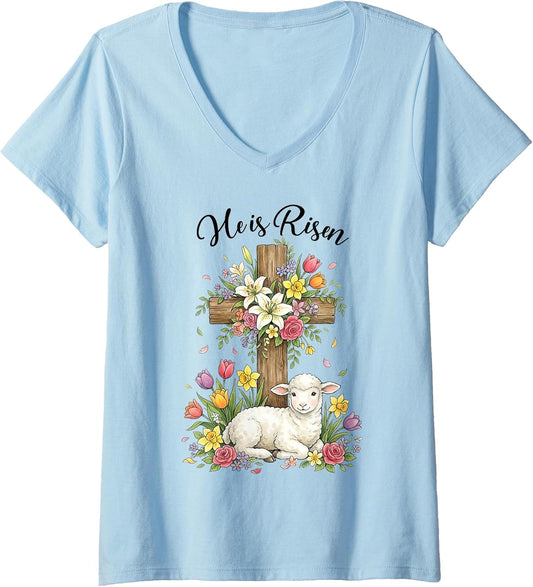 Women's Christian He is Risen Floral Cross and Lamb Religious Easter V-Neck T-Shirt