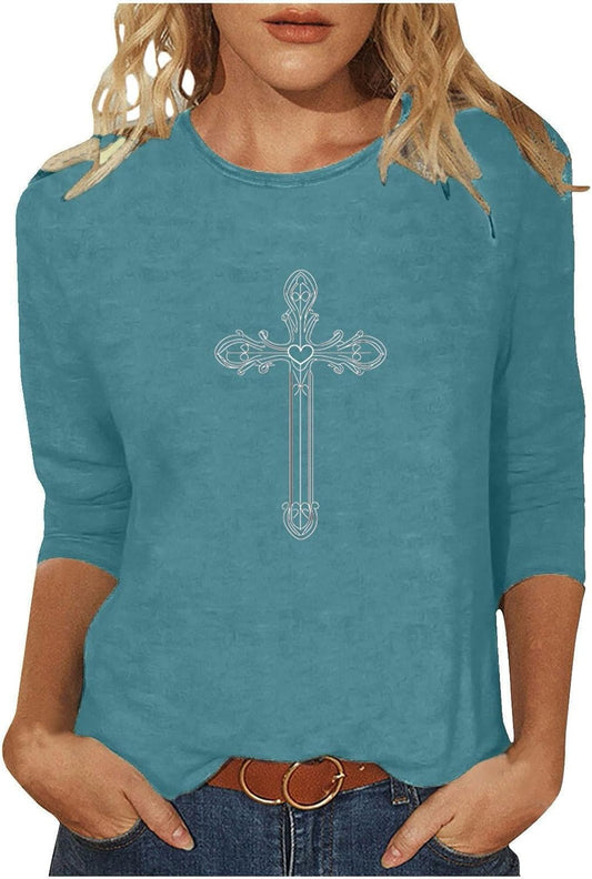 Jesus Cross T Shirt Women Plus Size 3/4 Sleeve Easter Day Blouse Love Heart Inspirational Religious Christian Tshirt